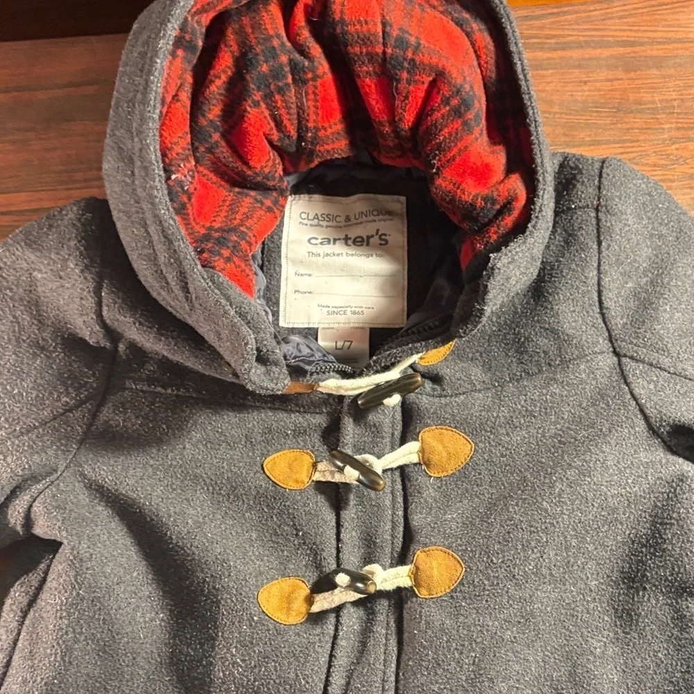 Carter's Charcoal Pea Coat with Red Plaid Lining